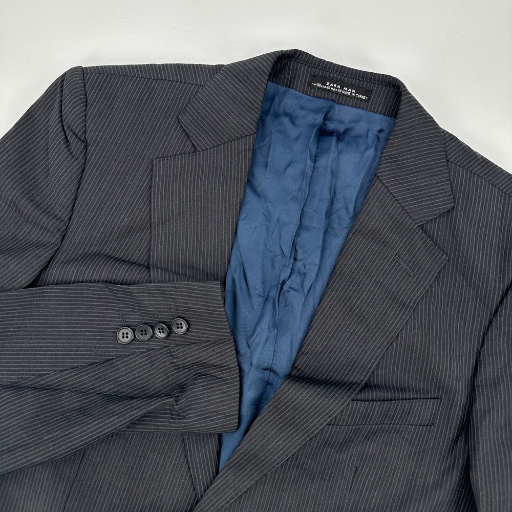 Zara Man Pinstripe Blazer Charcoal Grey Wool Blend Suit Jacket Size 40 US 50 EU